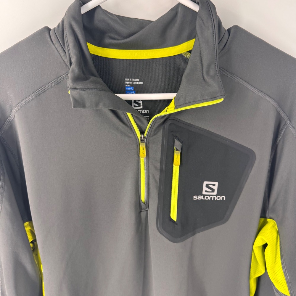 Salomon Mens Gray Neon Yellow Quarter Zip Performance Pullover Hiking Top Large - Picture 5 of 10